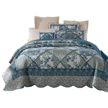 Tache Petal Dance 100% Cotton Floral Blue Quilt Bedspread Set, Queen