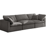Meridian Furniture - Plush Velvet / Down Standard Comfort Modular Sofa, Gray, 3-Piece: 1 Armless Chair, 2 Corner Chair - No matter how big or little the size of your gang, they can all find their sweet spot when you choose pieces from the Plush collection to build your ideal seating group. Choose this individual Plush piece or pair multiple pieces together to get the custom look everyone will love. The soft grey velvet material is soft and welcoming to the touch, and the set's cushions are overstuffed with a down and feather blend to provide ample support for tired bodies.