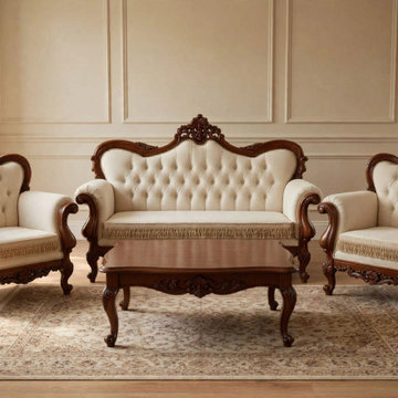 Handcrafted Solid Teak Wood Sofa Set | French Rococo Traditional Living Room