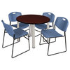 Kee 36" Round Breakroom Table- Mahogany/ Chrome & 4 Zeng Stack Chairs- Blue
