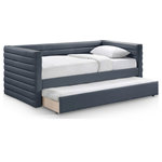 Meridian Furniture - Beverly Vegan Leather Upholstered Daybed, Navy - Enjoy added sleeping space with the addition of this Beverly navy vegan leather twin daybed. It's upholstered with soft premium vegan leather, it's water-resistant and anti-scratch. Featuring deep channel tufting for comfort and style, the daybed includes a twin trundle with a rolling design for up to an 8" thick mattress. Serve dual purposes with the trundle as storage or an additional sleeping area. With its contemporary design, this daybed blends functionality and elegance, ideal for maximizing space and comfort in your modern living area.