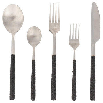 Rattan Stainless Steel Cutlery, Set of, Tudor Black