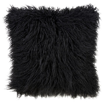 Poly Filled Mongolian Faux Fur Throw Pillow, 22"x22", Black