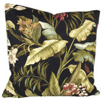 Studio Design Interiors - Key Largo Too 90/10 Duck Insert Pillow With Cover, 22x22 - Eye-catching adventurous tropical leaves in green and cream, with flowers in soft blush red on black damask field make a bold but delightful floral motif. Finished with a decorator coordinated apple green faux linen back. Casualy high style.