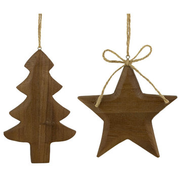 Set of 2 Tree and Star Wooden Christmas Ornaments 5"