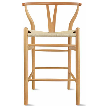 Wishbone Solid Wood Counter Height Bar Stool Y Open Back Weave Seat, Natural