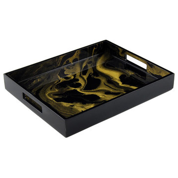 Lacquer Small Rectangle Tray, Black, Gold Marble