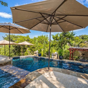 Grecian Roman Style Pool, Raised Spa with Spillway, Stone Scupper Columns, Decki