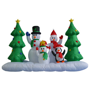 Snowmen With Christmas Trees and Penguin, 8' Long