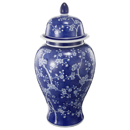 18" Porcelain Ginger Jar, Finial Lid and Round Curved, Blue Flowers