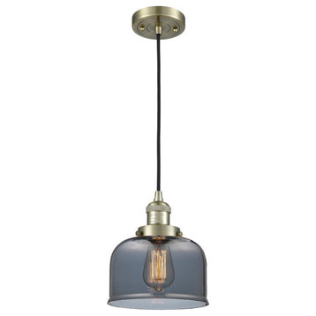 1-Light Large Bell 8" Pendant, Antique Brass, Glass: Plated Smoked