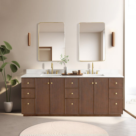 Oza Bath Vanity with Quartz Stone Top, Aged Dark Brown Oak, 84", Double Vanity, No Mirror