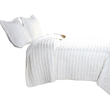 Yukon Fabric 3 Piece King Size Quilt Set With Ruffle Striped Pattern, White