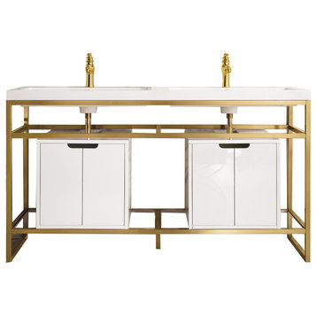Boston 63" Double Sink Console, Radiant Gold, Gloss White, White Gloss Top