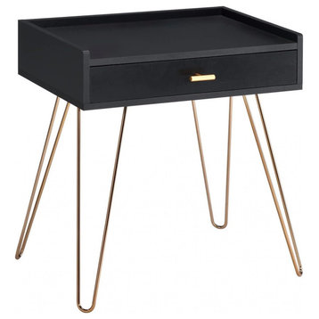 Mid Century Modern End Table, Golden Hairpin Legs & Single Storage Drawer, Black