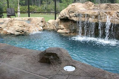 Mid-sized island style backyard stone and custom-shaped natural pool fountain photo in Orlando