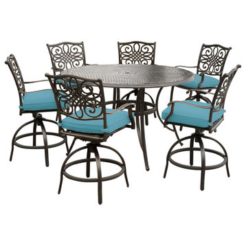 Seasons 7-Piece High-Dining Set, Blue, 6 Chairs, 56" Cast-Top Table