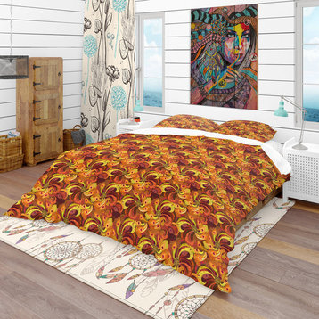 Golden Orange Red Peacock Feathers Bohemian Eclectic Bedding, Twin