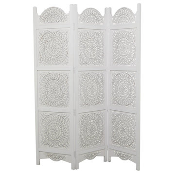 Classic Room Divider, Wooden Panels With Unique Carving Details, White/3 Panels