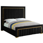 Meridian Furniture - Dolce Velvet Upholstered Bed, Black, King - Ensconce yourself in regal modernity in this Dolce Black Velvet King Bed. A super tall headboard makes this Dolce bed hard to ignore, ensuring it is the focal point in your bedroom sanctuary. The padded headboard is plump and welcoming, making it ideal for propping up against while you read the daily news or watch some TV. Gold trim and channel tufting add to the headboard's luxurious look, lending it an air of regality and upscale refinement. The black velvet upholstery is buttery-soft and lavish to the touch, making you feel like royalty with every nap.