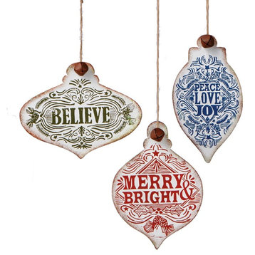 Believe Peace Joy Merry and Bright Text Christmas Ornaments Set of 3 Midwest