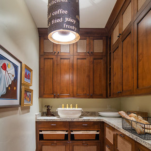 Rustic kitchen pantry designs - Kitchen pantry - rustic l-shaped dark wood floor kitchen pantry idea in Salt Lake City with recessed-panel cabinets and dark wood cabinets