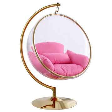 Luna Metal Acrylic Swing Bubble Accent Chair With Stand, Pink, Gold Base