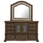 Magnussen - Magnussen Durango Drawer Dresser with Mirror in Willadeene Brown - Traditional by nature, the handsome Durango bedroom collection imparts fresh allure to a classically inspired design aesthetic. Rooted in old world styling, these timeless silhouettes feature intricate carvings, fluted pilasters and ornate scrollwork insets. Antique Brass hardware gives the room a warm metallic element while providing the perfect complement to Durango's gorgeous Willadeene Brown finish. If you're an admirer of traditional styling, this statement bed and coordinating storage pieces are a must-have.