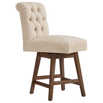 Anders Rolled Linen Upholstered Swivel Stool, Set of 2, Beige, 24" Counter