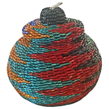 Manggis Handwoven Art Glass Basket, Dark Colorful Zigzag