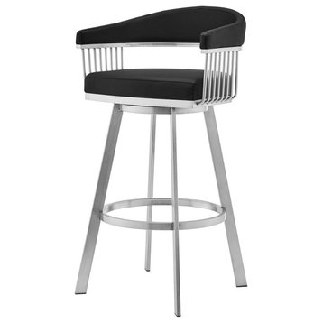 Modern Swivel Bar Stool, Brushed Metal Frame & Faux Leather Seat, Counter Height