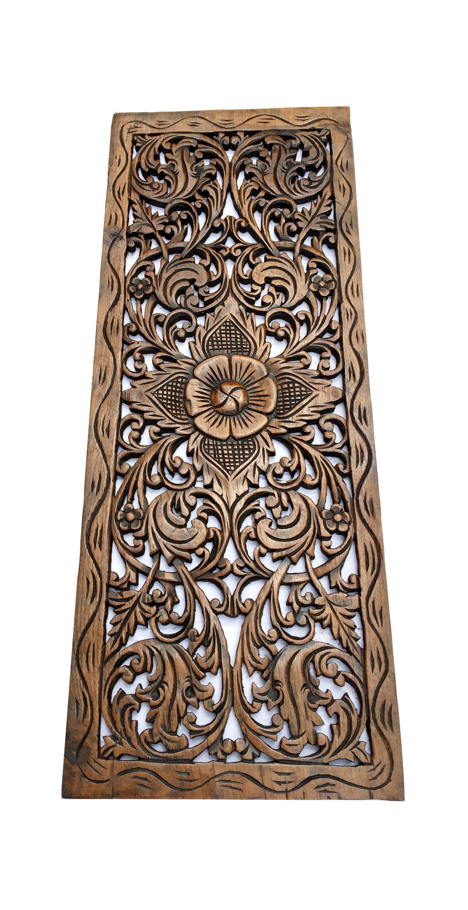 Tropical Floral and Leaf Vine Wood Carved Wall Panel, 35"x13.5 ...