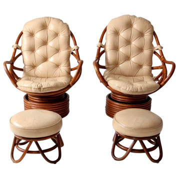 Consigned, Mid-Century Rattan Swivel Chairs With Ottomans, 4-Piece Set