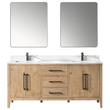 Laurel Bathroom Vanity with Calacatta White Quartz Stone Countertop, Weathered Fir, 72", With Mirror