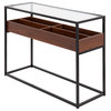 Display Console Table, Black Steel, Walnut Wood, Clear Glass