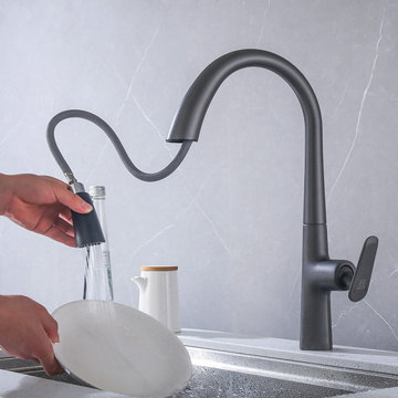 Gray Dual Function Pull-Out Kitchen Faucet Solid Brass Single Hole Single Handle