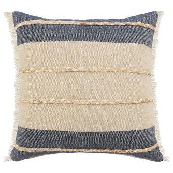 Atlantis Denim Blue and Taupe Throw Pillow with Jute Braiding and Fringe, 20" X