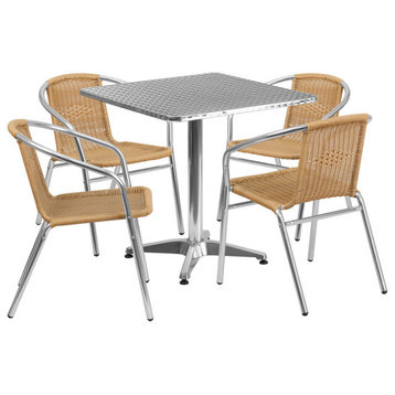 27.5'' Square Aluminum Indoor-Outdoor Table Set With 4 Beige Rattan Chairs