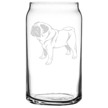 Pug Dog Themed Etched All Purpose 16oz. Libbey Can Glass