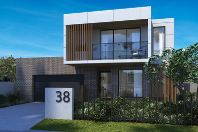 Modelo de fachada de casa multicolor actual de tamaño medio de dos plantas con revestimiento de aglomerado de cemento, tejado plano y tejado de metal