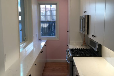 Inspiration for a contemporary galley enclosed kitchen remodel in DC Metro with a single-bowl sink, flat-panel cabinets, white cabinets, quartz countertops, stainless steel appliances, no island and white countertops