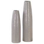 Uttermost - Uttermost Sara Textured Ceramic Vases, Set of 2 - Tall, Textured, Ceramic Vases Feature A Pale Taupe Glaze With Darker Brown Undertones. The Cylindrical Shape Will Add Style And Sophistication In Your Space. Great Used Next To A Fireplace Or As Floor Vases For That Extra WOW Factor. Not Designed To Hold Liquids. Due To The Nature Of Fired Glazes On Ceramic, Finishes Will Vary Slightly. Sizes: Sm-5x18x5, Lg-6x23x6