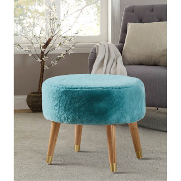 Solid Heavy Faux Fur Oval Ottoman, Blue Turquoise