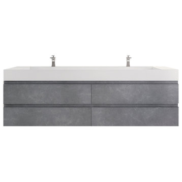 Monterey 84" Double Sink Wall Mounted Vanity with Reinforced Acrylic Sinks, Cement Gray
