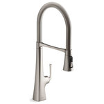 Kohler - Kohler Graze Semi-Professional Kitchen Sink Faucet With 24.3" Spout, Stainless - Drawing on inspiration rooted deep in Americana, we bring you Graze. This bold statement piece conjures memories of the spikes that built railroads  the steel industry where iron was forged. Breaking from the norm of more delicate smooth round lines, the bold square base and unique strong silhouette is eye-catching on your counter, and a design to compliment most every home.