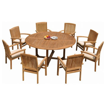 9-Piece Outdoor Teak Dining Set: 72" Round Table, 8 Wave Stacking Arm Chairs