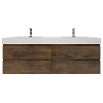 84" Double Sink Wall Mount Vanity, Acrylic Sink, Rosewood