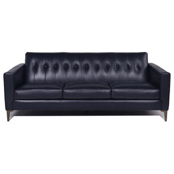 Maklaine 19" Mid-Century Leather Upholstered Tight Back Sofa in Navy