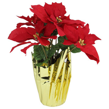16" Red Artificial Christmas Poinsettia Arrangement With Gold Wrapped Pot