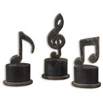 Uttermost - Music Notes, Set of 3 - Hand forged metal finished in aged black with a tan glaze and matte black accents. Sizes: sm-5x8x3, med-5x9x3, lg-5x12x3